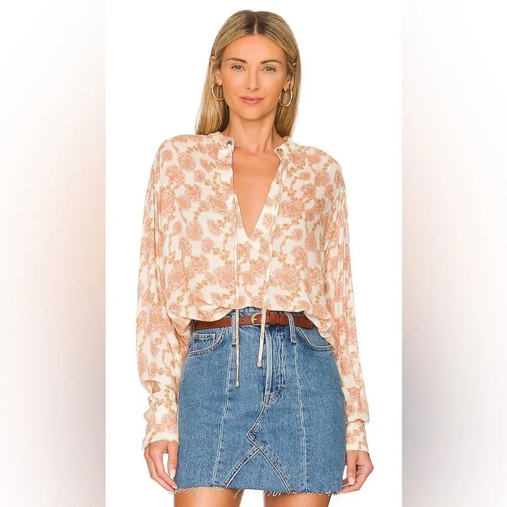 Free People NWT Mia Floral Print Tie Neck Tunic Top in Ivory Combo XS